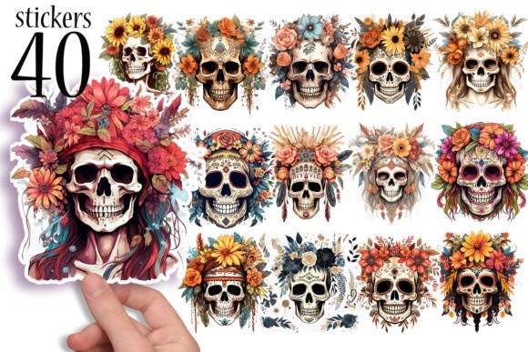 Download Skulls and Flowers - Boho Stickers PNG - Stickers Collection
