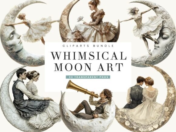 Download Whimsical Moon Art Clipart Bundle - Moon art Collection
