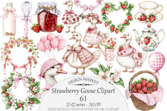 Download Watercolor Strawberry Goose Clipart - Strawberry Collection